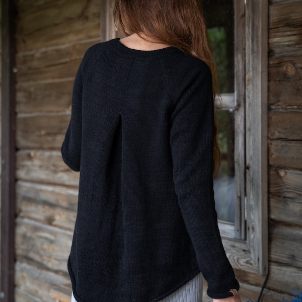 Oversized merino sweater in black, Loose fit alpaca wool jumper, Maternity knitwear, Hand knitted plus size natural soft wool sweater