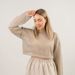 Topover en lin écologique minimaliste, Pull femme tricoté, pull crop top tricoté à la main en lin naturel, pull en tricot beige vintage image 1