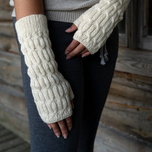 Gift for Mother, Knitted Soft Alpaca Wool Arm Warmers, Woolen Winter Gloves, Natural Wool Mitts, Fingerless Typing Gauntlet