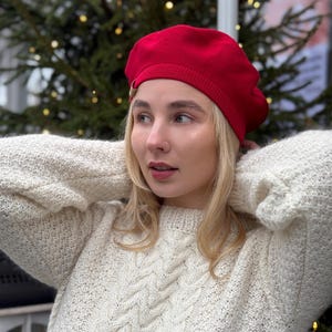 Merino Wool Beret in Red, Spring French Accessory for Her, Valentine's Beret