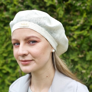 Linen crochet hat beret, Summer berets for women, baskenmütze leinen, French beret for women, Knitted berets White