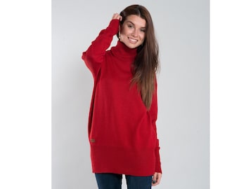 Soft Merino Wool Turtleneck Sweater for Her, Red Knitted Warm Woolen Jumper, Womens Minimalist Outfit, Loose Fit High Neck Turtleneck Top