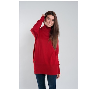 Weicher Merinowolle Rollkragenpullover für Sie, Roter Warmer Wollpullover, Damen Minimalistisches Outfit, Lockere Fit Rollkragen Top mit Stehkragen