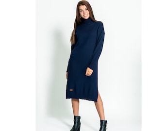 Oversized truijurk met col van merinowol, midi lange handgebreide lichtgewicht jurk in donkerblauw, tuniekjurk van merinowol