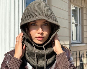 100% Merino Wool Balaclava Hooded Scarf Hat Set Winter Warm Ins New 100% Wool Hood Scarf Balaclava Hat Winter Ear  main image 3