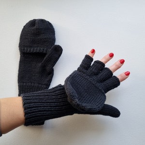 Fingerless hand knitted merino mittens, Unisex warm woolen fingerless gloves, Fair trade knit merino mittens, Womens flip top gloves image 1