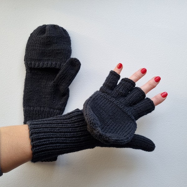 Fingerless hand knitted merino mittens, Unisex warm woolen fingerless gloves, Fair trade knit merino mittens, Womens flip top gloves