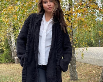 Natural Merino Wool & Alpaca Maxi Cardigan, Hand-Knitted Women's Long Gray Coat, Black Maxi Merino Wool Cardigan, Cozy Gift for Women