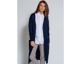 Long Warm Woolen Cardigan Coat with Pockets, Hand Knitted Jacket, Warm Loose Fit Cardigan