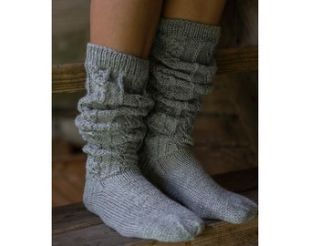 Alpaca Wool Hand Knitted Christmas Socks, Natural Woolen Soft Long Socks for Women, Vintage Knee High Socks