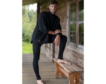 Herren Leggings, gestrickte Natur Merino Wolle Leggings, Herren Yoga Strumpfhose in Schwarz