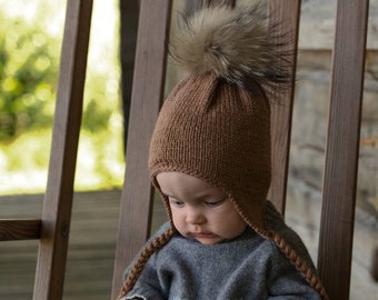 Cosy Hand Knitted Merino Hat for Children, Warm Baby Woolen Pompom Cap