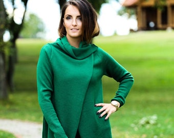 Green Merino Wool Coat for Her, Handknitted Loose Merino Wool Cardigan, Special Gift for Mom