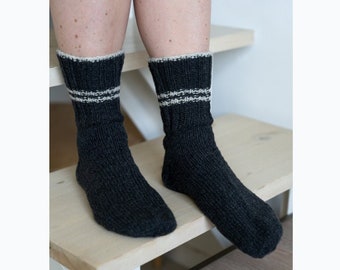 Sheep wool socks, Unisex hand knitted black socks, Warm natural wool boots socks, Organic woolen scandinavian socks, Woman knitted shoewear