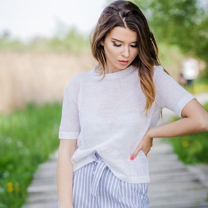 Organic Linen Knitted Top in White, Summer Outfit for Women, Hand Knitted Boho Style Blouse