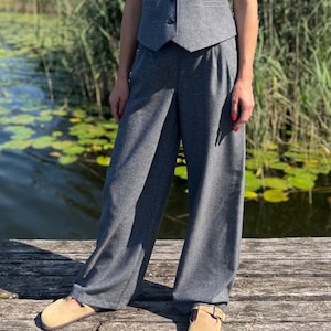 Twill wool women vest pants suit, Grey colour two piece office outfit, Elegant waistcoat and wide pants set, Smart casual wool costume