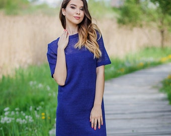 Luxury Sustainable Linen Dress in Blue, Elegant Knitted Linen Womens Dress, Wedding Guess Dress