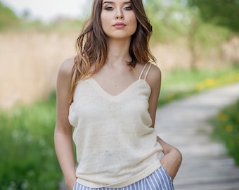 Knitted Linen Tank Top, Sleeveless Blouse, Natural Linen Summer Crochet Top