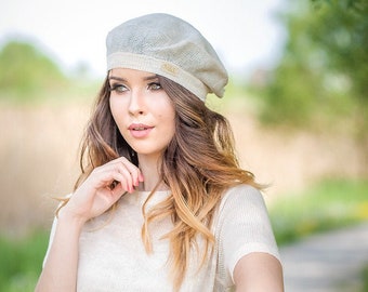 Sommer Französisches Leinen Barett, Tam Slouchy Hut für Frauen, Gestricktes Kopf Accessoire, Béret en lin