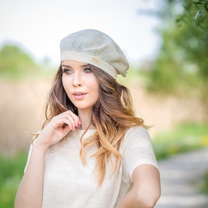 Zomer Franse linnen baret, Tam Slouchy hoed voor dames, gebreide hoofdaccessoire, baret en lin afbeelding 1