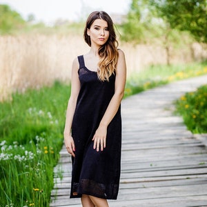 Minimalist Hand Knitted Linen Dress in Black, Soft Midi Womens Dress, Linen Summer Dress