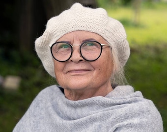 Weiße Französische Baskenmütze für Senioren, Alpakawolle Gestrickte Oma Mütze, Wollmütze Herbst Winter Kopfschmuck