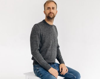 Hand knitted 100% super soft alpaca wool dark gray mens pullover sweater, Scandinavian style minimalist warm woolen all season man sweater