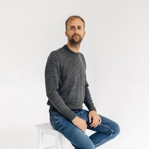 Hand knitted 100% super soft alpaca wool dark gray mens pullover sweater, Scandinavian style minimalist warm woolen all season man sweater