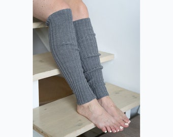 Grey Hand Knitted 100% Merino Wool Legwarmers, Womens Knee High Welly Socks, Soft Woolen Footless Yoga Pilates Leg Warmens, Yoga Lover Gift