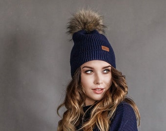 Merino Beanie with Natural Fur Pompom, Hand Knitted Womens Dark Blue Hat with Inner Lining