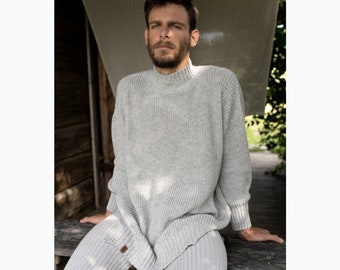 Ropa de punto de invierno para hombre, Jersey de lana merino de gran tamaño, Suéter de lana de punto a mano, Cuello de tortuga minimalista holgada, Jersey de lana para hombre