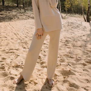Hand knitted beige colour natural merino wool elastic waistand straight cut pants, Woolen soft merino yarns women&#39;s trousers for loungwear