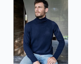 Mens turtleneck sweater, Hand knitted woolen man's pullover, Submarine sweater, Merino wool knitwear men