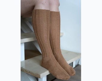 Ready to ship merino socks, Hand knitted warm woo socks women, Knee high vintage boots socks, Camel colour socks