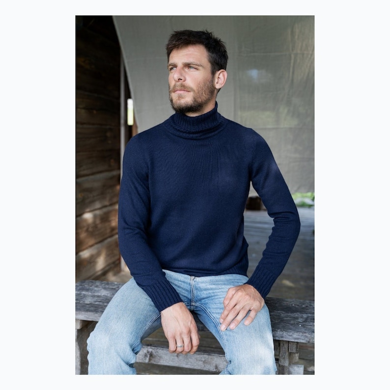 Suéter de cuello alto para hombre, Jersey de lana tejido a mano para hombre, Suéter submarino, Prendas de punto de lana merino para hombre dark blue
