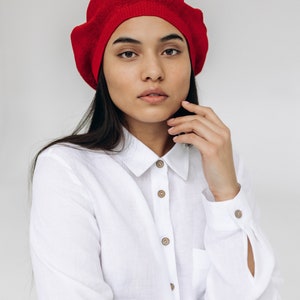 Sommer Französisches Leinen Barett, Tam Slouchy Hut für Frauen, Gestricktes Kopf Accessoire, Béret en lin Red