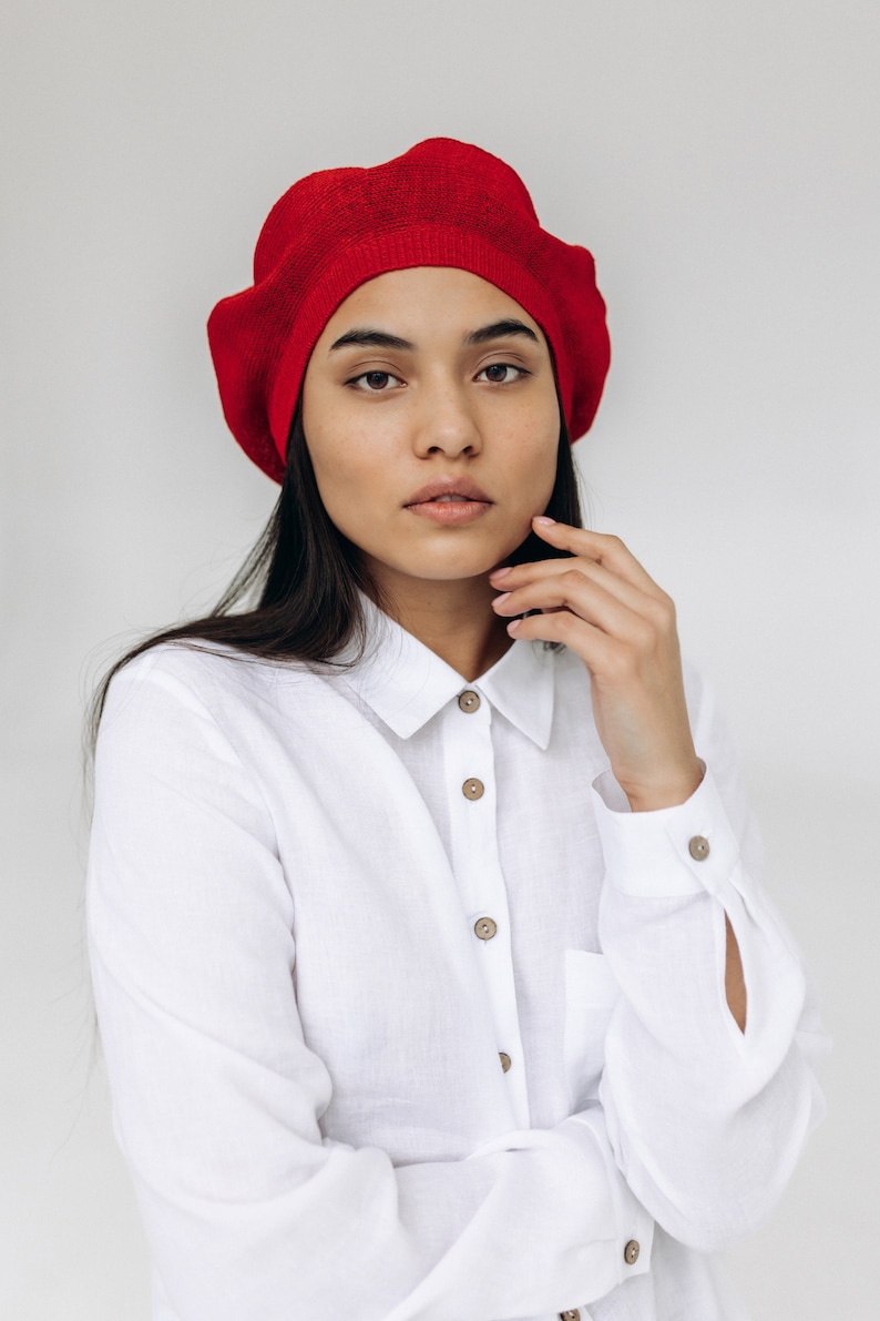 Sommer Französisches Leinen Barett, Tam Slouchy Hut für Frauen, Gestricktes Kopf Accessoire, Béret en lin Red