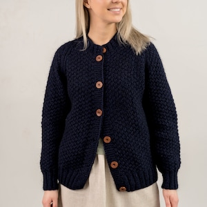 Vintage women sweater, Natural wool buttoned cardigan, Hand knit sweater, Vintage womens woolen jacket, Eco woolen short alpaca cardigan dark blue