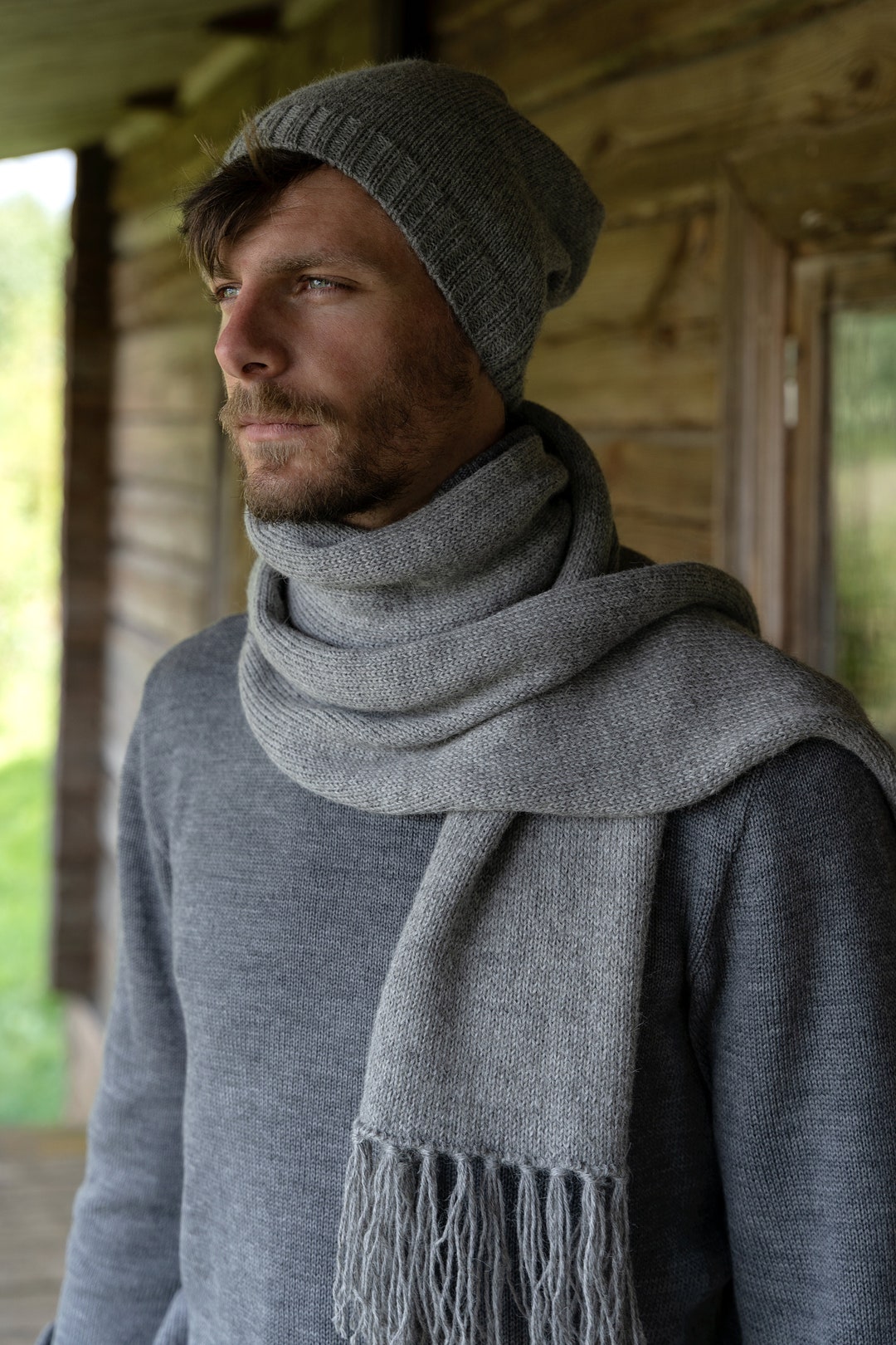 Set of Hand Knitted Natural Alpaca Wool Scarf, Men's Beanie and