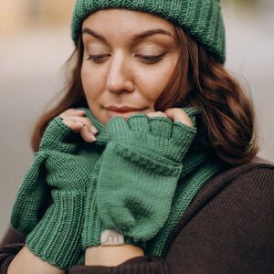 Fingerless hand knitted merino mittens, Unisex warm woolen fingerless gloves, Fair trade knit merino mittens, Womens flip top gloves image 6