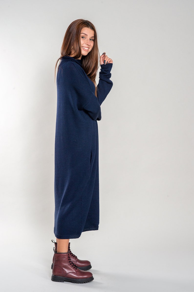 Loose Fit Merino Wool Tunica, Lightweight Soft Hand Knitted Long Dress for Women, Soft Wool Maxi Blue Winter Dress image 2