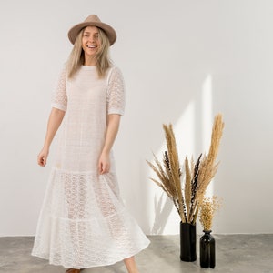 Hand knitted linen dress, White crochet summer dress, Long see through linen dress, Lightweight wedding dress, Boho crochet dress image 4