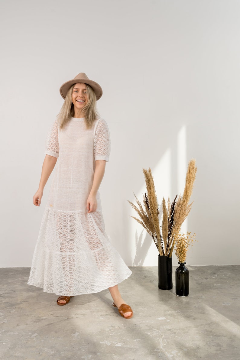 Hand knitted linen dress, White crochet summer dress, Long see through linen dress, Lightweight wedding dress, Boho crochet dress image 4