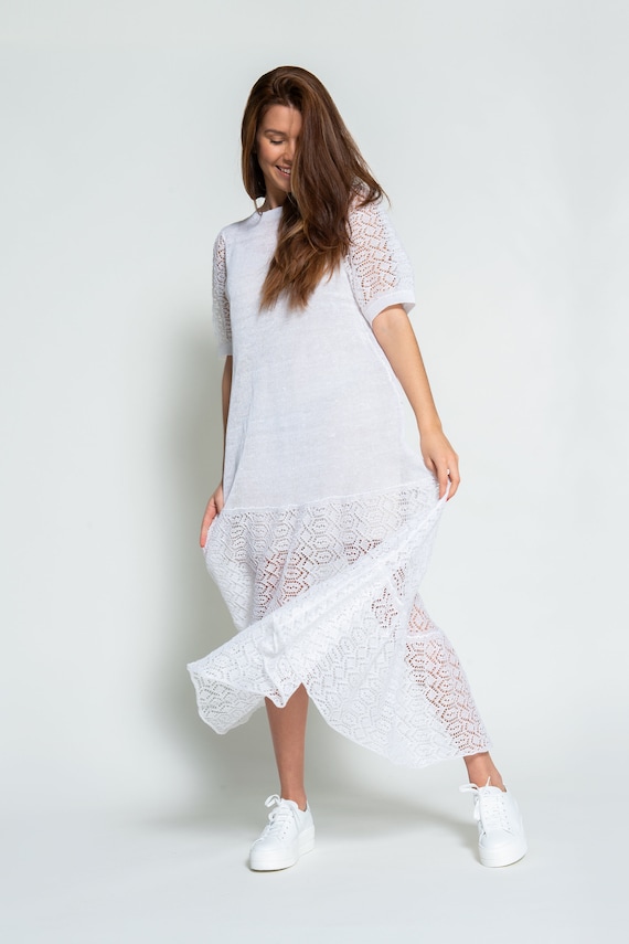 White Wedding Dress, Linen Knitted Lighweight Elegant Long Womens Dress, White Linen Summer Dress, See Through Dress White Wedding Dress, Linen Knitted Lighweight Elegant Long Womens Dress, White Linen Summer Dress, See Through Dress