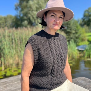 Women handknit vest, Natural wool knitted warm woolen vest sweater, Braided pullover loose fit merino alpaca mohair vest top in dark brown