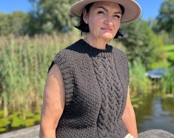 Women handknit vest, Natural wool knitted warm woolen vest sweater, Braided pullover loose fit merino alpaca mohair vest top in dark brown