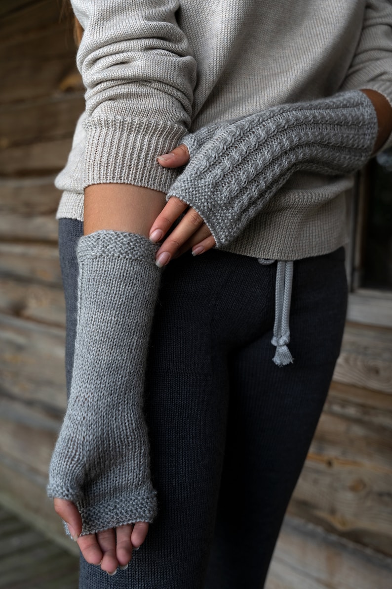 Wrist Warmers for Grandmother, Hand Knitted Fingerless Mittens, Gauntlets Gloves Alpaca, Grey Wrist Cuffs, Long Typing Gloves image 6