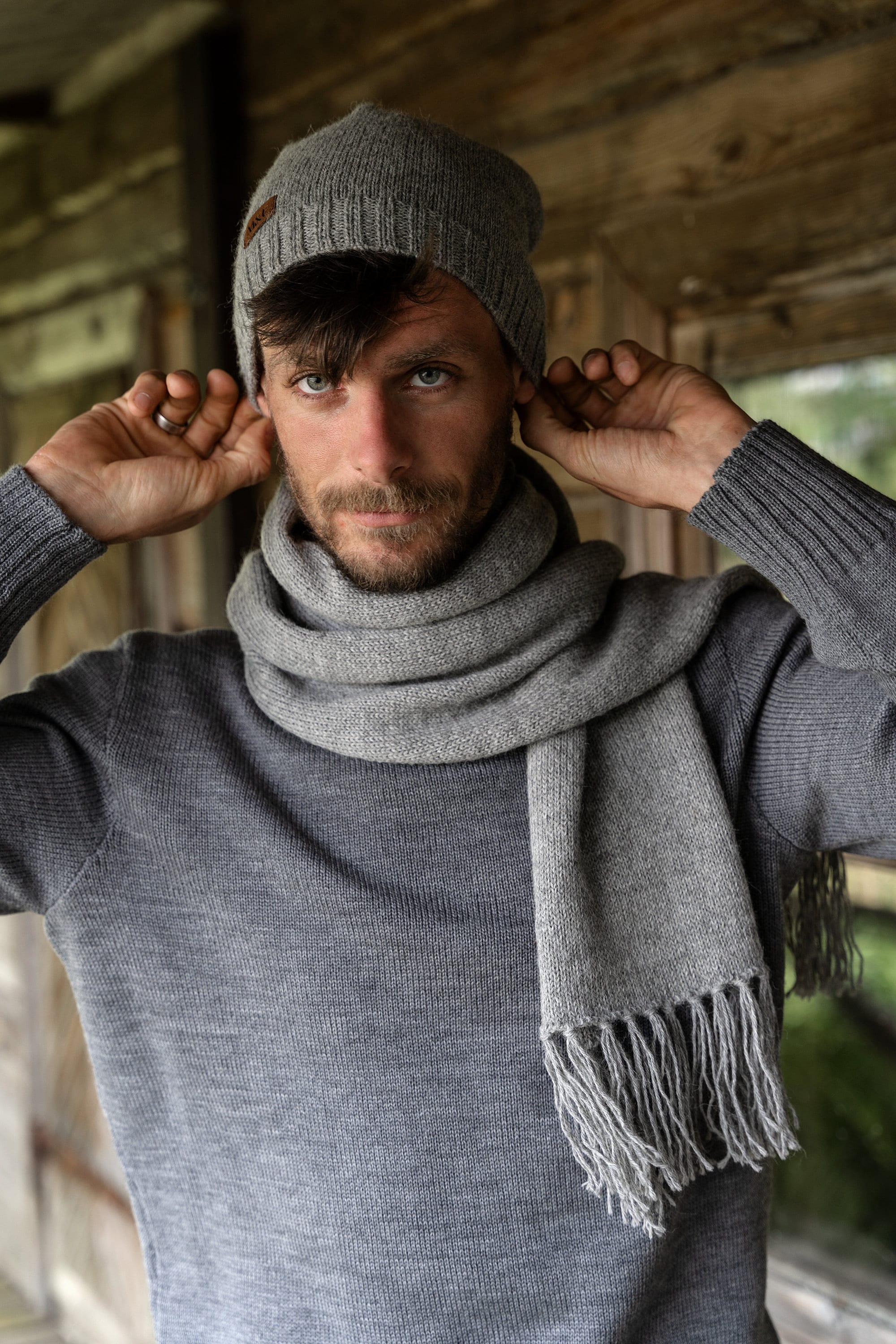 Set of Hand Knitted Natural Alpaca Wool Scarf, Men's Beanie and