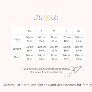 May include: Size chart for knit clothing with measurements in inches and centimeters. The chart shows sizes XS, S, M, L, and XL with measurements for hips, length, and bust.