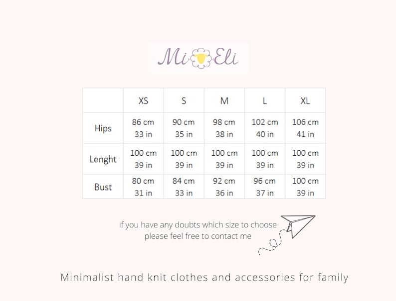 May include: Size chart for knit clothing with measurements in inches and centimeters. The chart shows sizes XS, S, M, L, and XL with measurements for hips, length, and bust.